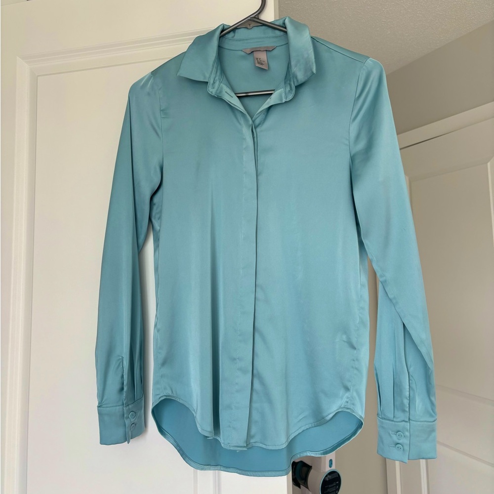 H&M Blue Satin Blouse Shirt